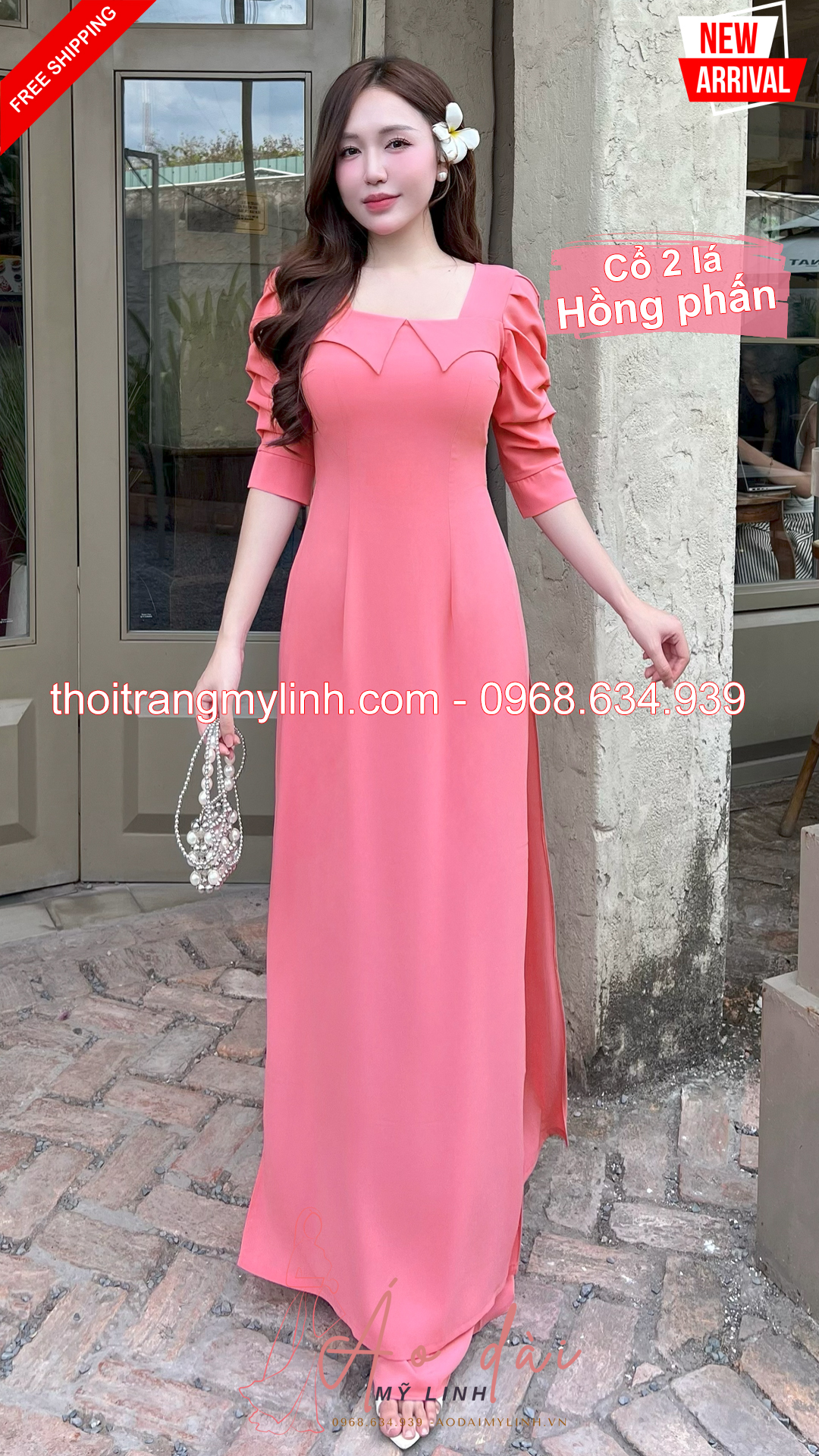 Bộ dài cổ vuông 2 lá bâu tay xếp tầng hồng phấn
